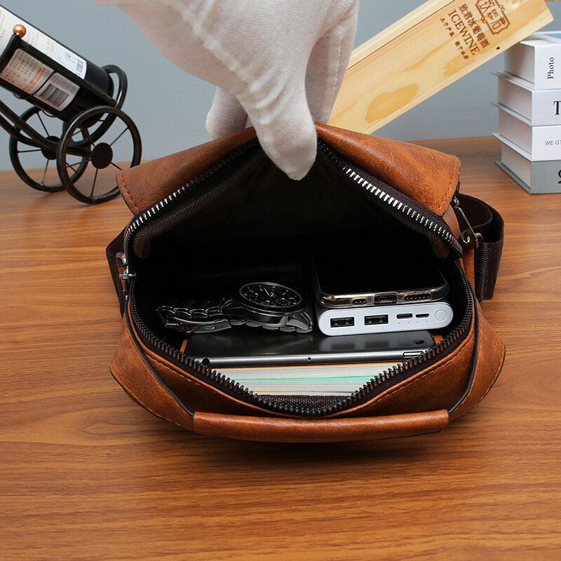 Miesten Pu Nahka Vintage Texture Suuri Kapasiteetti Vetoketju Sisustus Crossbody Laukku Olkalaukku Käsilaukku
