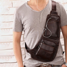 Miesten Solid Aitoa Nahkaa Kuulokepistoke Crossbody Bag Rintalaukku Sling Bag