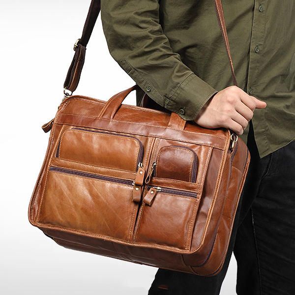 Miesten Vintage Aitoa Nahkaa Suuri Tilavuus Business-käsilaukku Crossbody-laukku