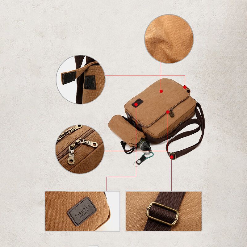 Miesten Vintage Canvas Suuri Kapasiteetti Monitoiminen Vesipullo Tasku Crossbody Laukku Rento Olkalaukku