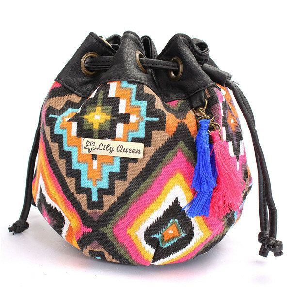 Naiset Bohemia Canvas Bucket Laukut Kiristysnyöri Crossbody Laukut Olkalaukut