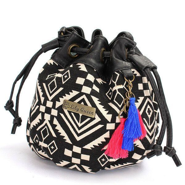 Naiset Bohemia Canvas Bucket Laukut Kiristysnyöri Crossbody Laukut Olkalaukut