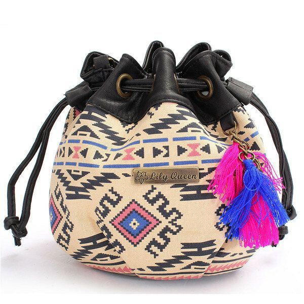 Naiset Bohemia Canvas Bucket Laukut Kiristysnyöri Crossbody Laukut Olkalaukut