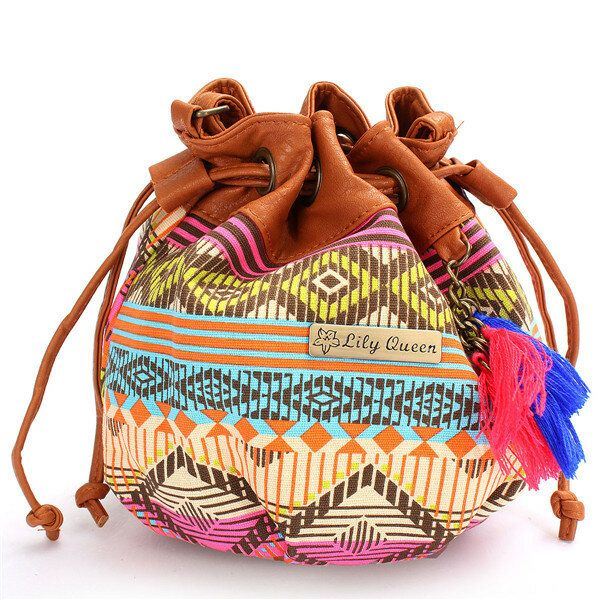 Naiset Bohemia Canvas Bucket Laukut Kiristysnyöri Crossbody Laukut Olkalaukut