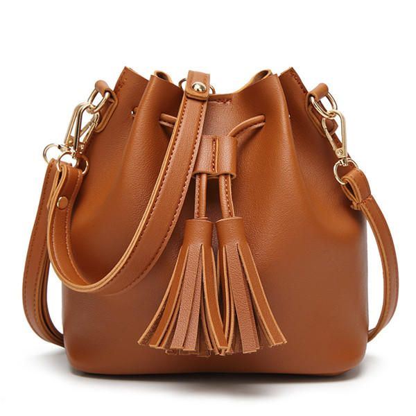 Naiset Pu Nahka Kiristysnauha Bucket Laukut Retro Tupsu Olkalaukut Crossbody Laukut