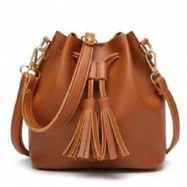 Naiset Pu Nahka Kiristysnauha Bucket Laukut Retro Tupsu Olkalaukut Crossbody Laukut