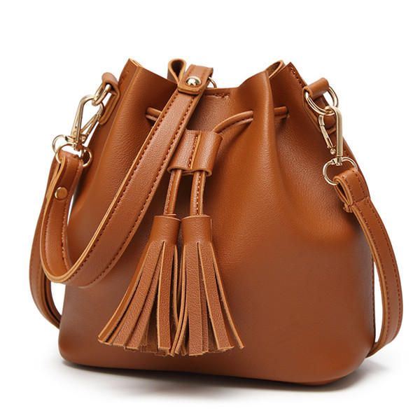 Naiset Pu Nahka Kiristysnauha Bucket Laukut Retro Tupsu Olkalaukut Crossbody Laukut