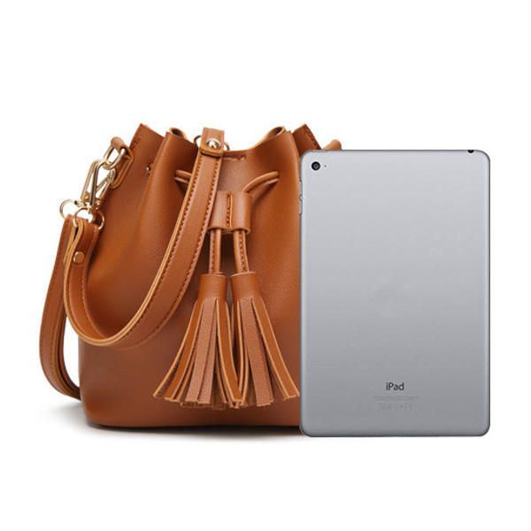 Naiset Pu Nahka Kiristysnauha Bucket Laukut Retro Tupsu Olkalaukut Crossbody Laukut