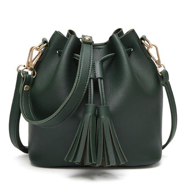 Naiset Pu Nahka Kiristysnauha Bucket Laukut Retro Tupsu Olkalaukut Crossbody Laukut