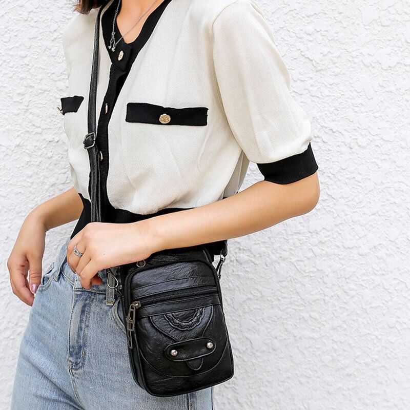 Naiset Pu Nahka Niitti Kuulokeaukko Retro 6.3 Tuuman Puhelinlaukku Crossbody Laukut Olkalaukku