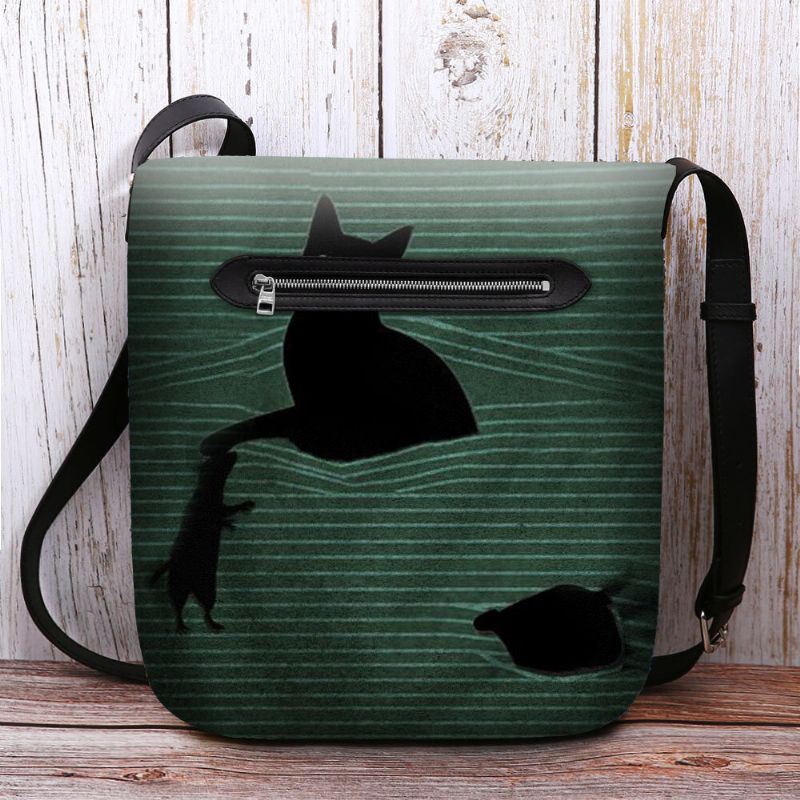 Naiset Tuntuvat Söpöiltä Rennon Sarjakuva Musta Kissa Kiinni Hiiri Ja Raidat Kuvio Crossbody Laukku Olkalaukku