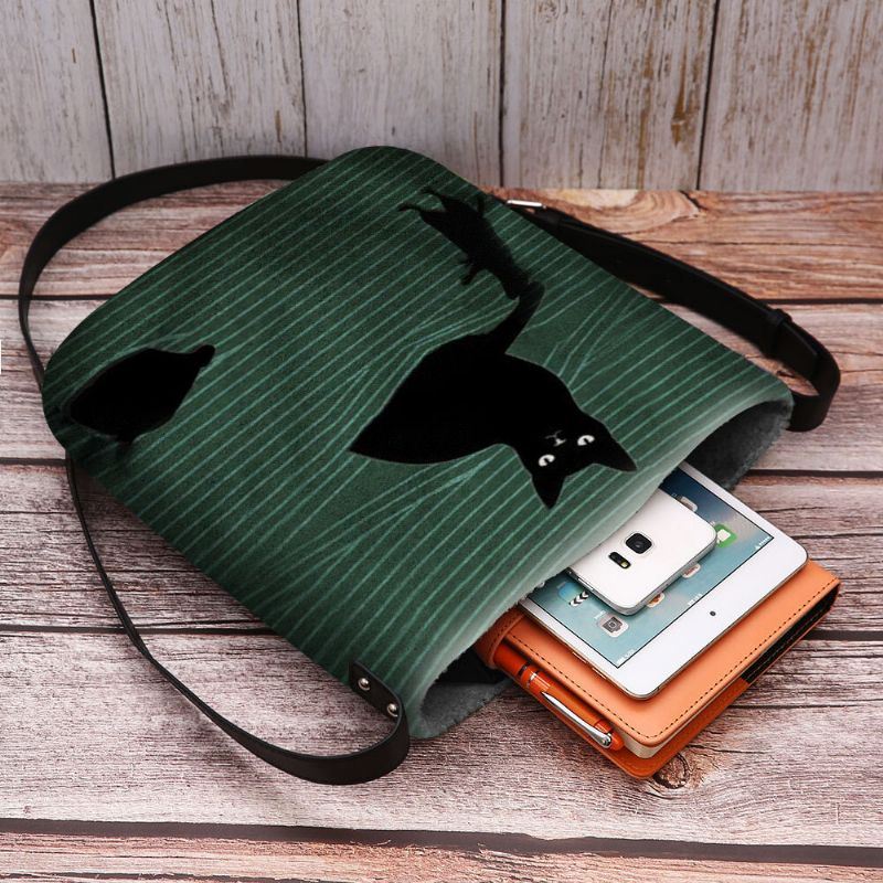 Naiset Tuntuvat Söpöiltä Rennon Sarjakuva Musta Kissa Kiinni Hiiri Ja Raidat Kuvio Crossbody Laukku Olkalaukku