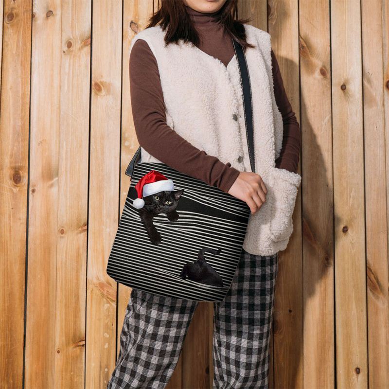 Naiset Tuntuvat Söpöiltä Rento Sarjakuva Kissan Raidakuvio Jouluhattulla Crossbody Laukku Olkalaukku