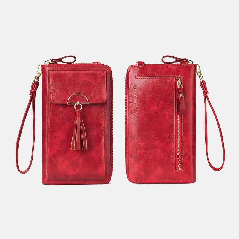 Naiset Varkaudenesto Monitoimi Tupsu Decor Crossbody Laukku Monikorttipaikka Lompakko Kytkinlaukku Puhelinlaukku