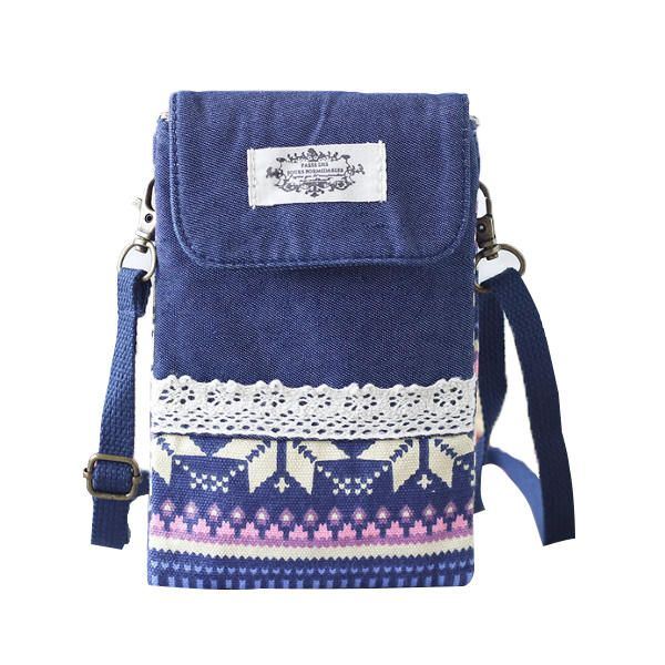 Naisten Denim Kolme Välikerrosta Kukkapainatus Mini Olkalaukut Pitsi Crossbody Laukut 6.0 Tuuman Puhelinlaukku