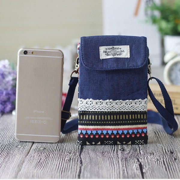 Naisten Denim Kolme Välikerrosta Kukkapainatus Mini Olkalaukut Pitsi Crossbody Laukut 6.0 Tuuman Puhelinlaukku