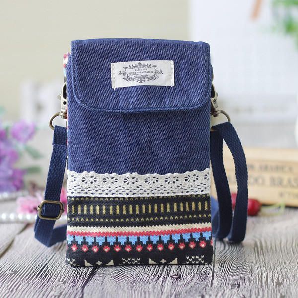 Naisten Denim Kolme Välikerrosta Kukkapainatus Mini Olkalaukut Pitsi Crossbody Laukut 6.0 Tuuman Puhelinlaukku