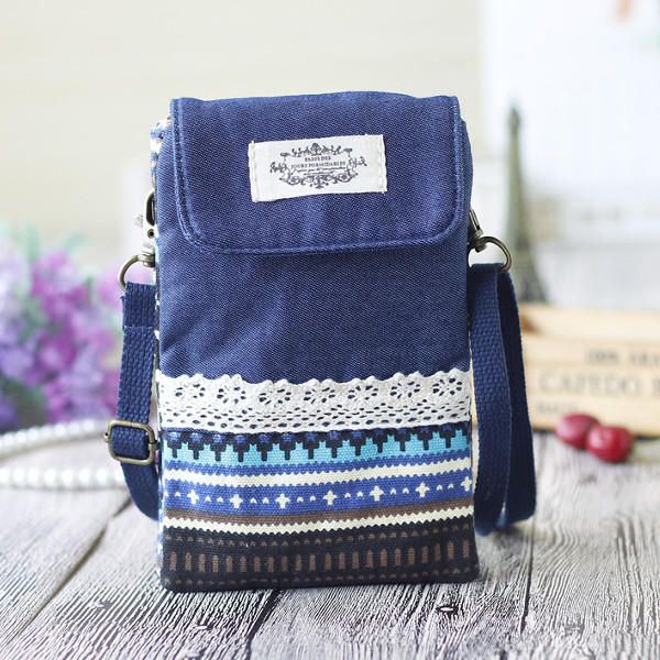 Naisten Denim Kolme Välikerrosta Kukkapainatus Mini Olkalaukut Pitsi Crossbody Laukut 6.0 Tuuman Puhelinlaukku