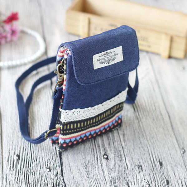 Naisten Denim Kolme Välikerrosta Kukkapainatus Mini Olkalaukut Pitsi Crossbody Laukut 6.0 Tuuman Puhelinlaukku