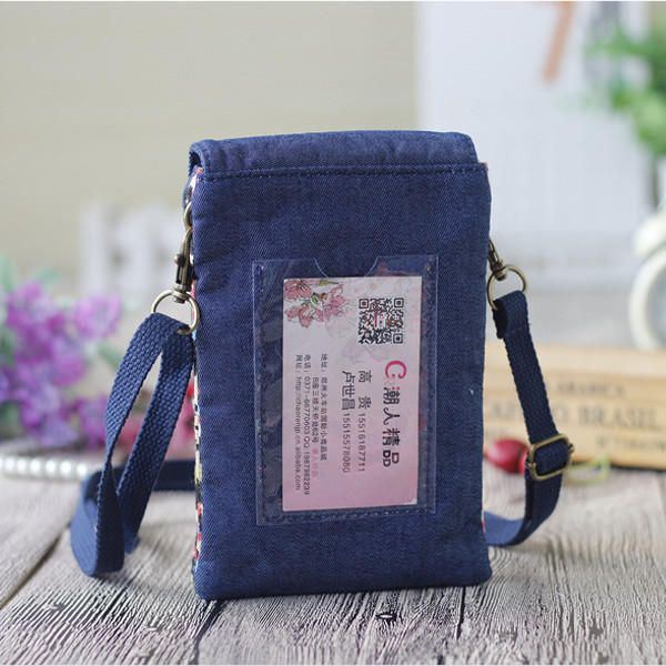 Naisten Denim Kolme Välikerrosta Kukkapainatus Mini Olkalaukut Pitsi Crossbody Laukut 6.0 Tuuman Puhelinlaukku