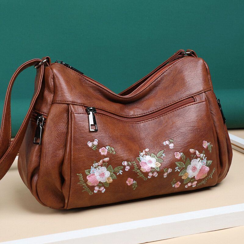 Naisten Etninen Kukka Brodeerattu Suuri Tilava Crossbody Laukku Vintage Texture Hardware Vedenpitävä Hengittävä Pehmeä Nahka Olkalaukku