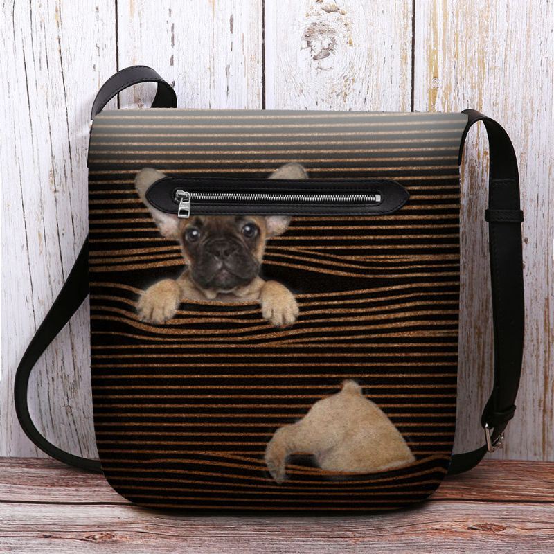 Naisten Huopa Rento Raidallinen Söpö 3d Koiranpainatuskuvio Crossbody Laukku Olkalaukku