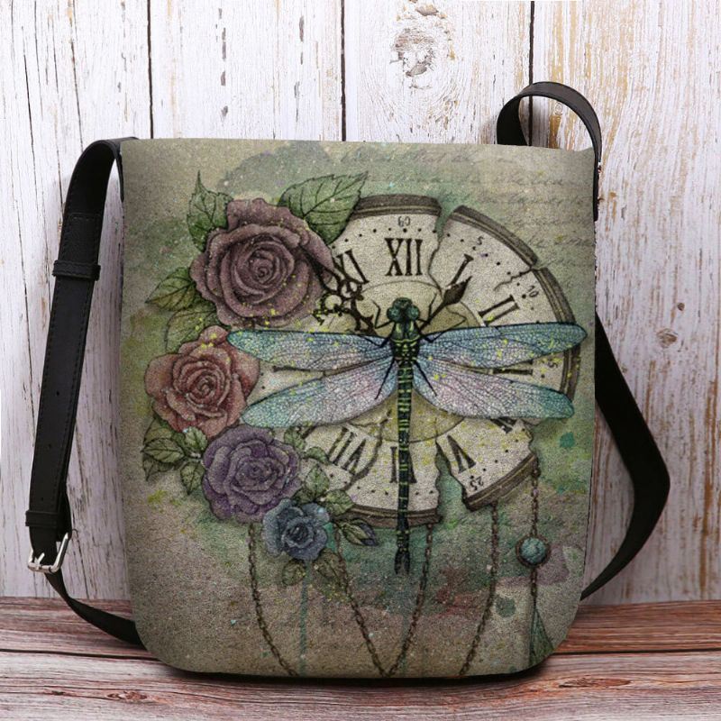 Naisten Huopa Rento Vintage 3d Sudenkorentokukkipainatuskuvio Crossbody Laukku Olkalaukku