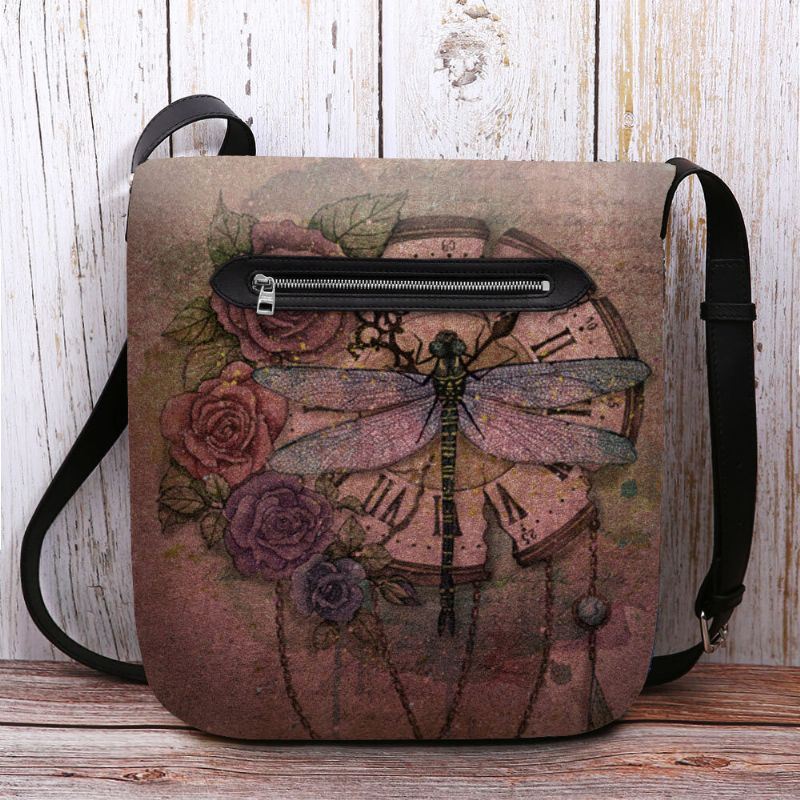 Naisten Huopa Rento Vintage 3d Sudenkorentokukkipainatuskuvio Crossbody Laukku Olkalaukku