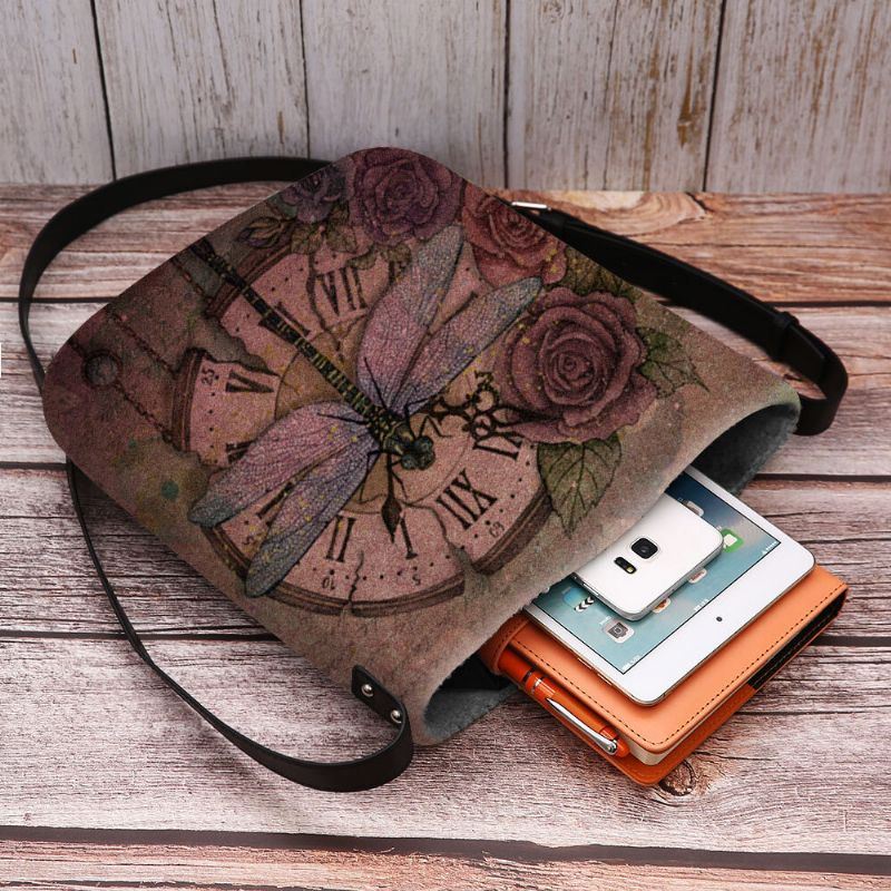 Naisten Huopa Rento Vintage 3d Sudenkorentokukkipainatuskuvio Crossbody Laukku Olkalaukku