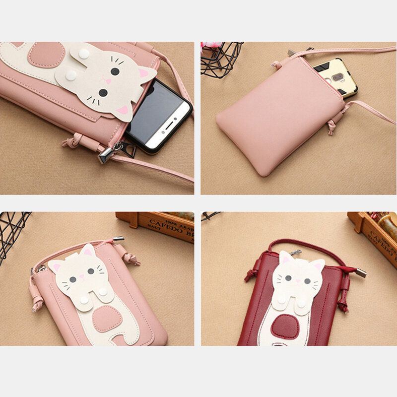 Naisten Keinonahka Super Cute Cat Kitty Kuvio 6.3 Tuuman Puhelinlaukku Pieni Säilytyslaukku Crossbody Laukku