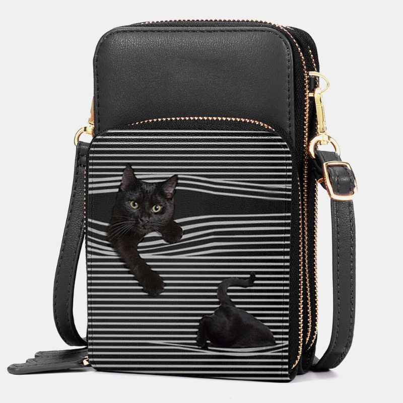 Naisten Keinonahkainen Rento Söpö Musta Kissa Ja Raidat Kuviollinen Säädettävä Olkalaukku Crossbody Laukku