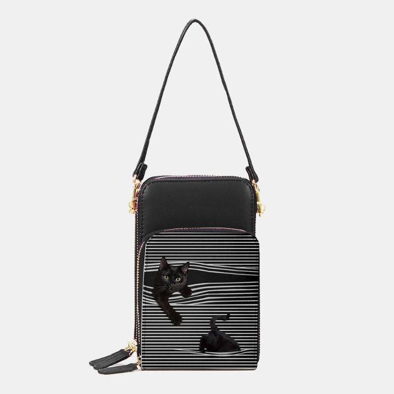Naisten Keinonahkainen Rento Söpö Musta Kissa Ja Raidat Kuviollinen Säädettävä Olkalaukku Crossbody Laukku