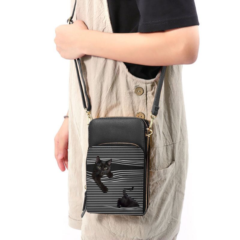 Naisten Keinonahkainen Rento Söpö Musta Kissa Ja Raidat Kuviollinen Säädettävä Olkalaukku Crossbody Laukku