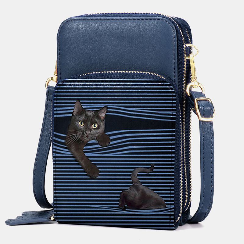 Naisten Keinonahkainen Rento Söpö Musta Kissa Ja Raidat Kuviollinen Säädettävä Olkalaukku Crossbody Laukku