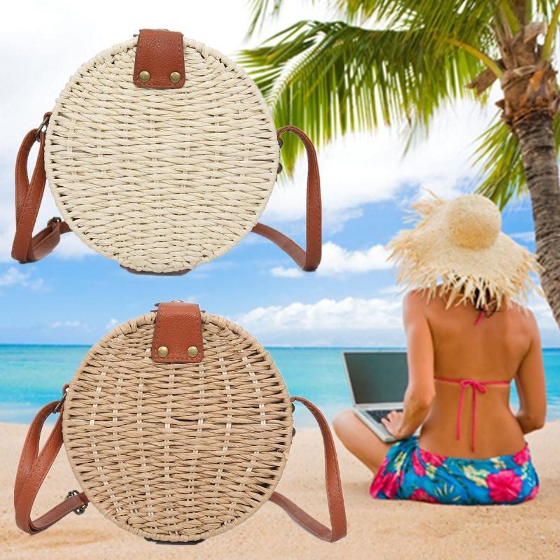 Naisten Kesäinen Pyöreä Olkiolkalaukku Vintage Woven Beach Tote Crossbody Käsilaukku