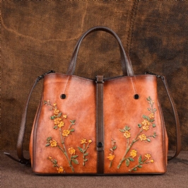 Naisten Kukkakuvioinen Kohokuvioitu Kasviparkitusta Nahasta Valmistettu Crossbody Laukut Retro Suuri Tilavuus Aitoa Nahkaa Oleva Olkalaukku Käsilaukku