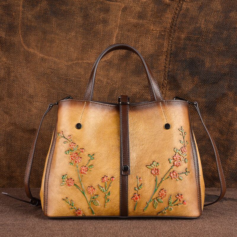 Naisten Kukkakuvioinen Kohokuvioitu Kasviparkitusta Nahasta Valmistettu Crossbody Laukut Retro Suuri Tilavuus Aitoa Nahkaa Oleva Olkalaukku Käsilaukku
