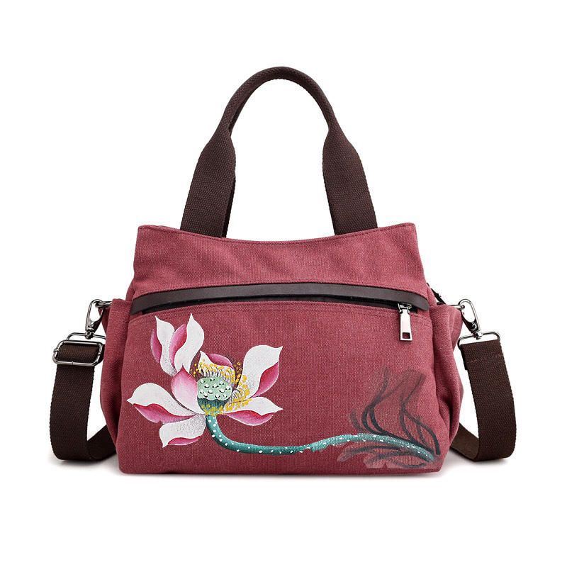 Naisten Lotus Canvas Käsilaukku Kiinalainen Crossbody Laukku