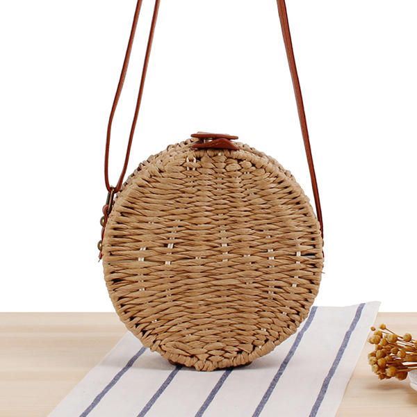 Naisten Pyöreä Kudottu Olki Crossbody Laukku Kiinteä Rantalaukku