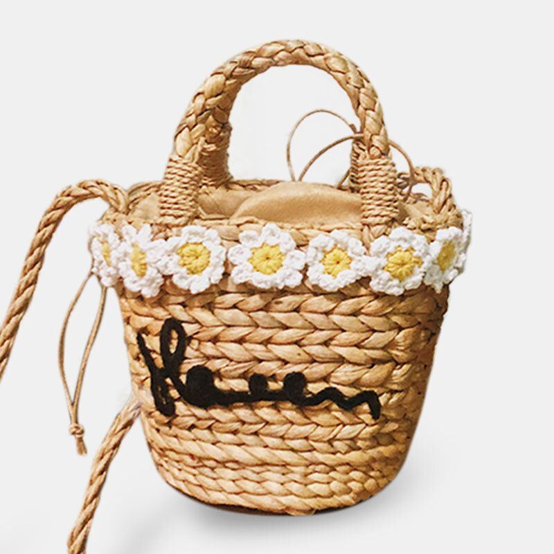 Women Travel Daisy Beach Weave Straw Crossbody Bag Bucket Bag