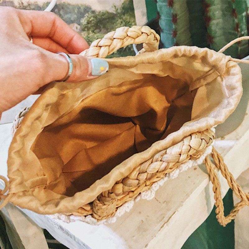 Women Travel Daisy Beach Weave Straw Crossbody Bag Bucket Bag