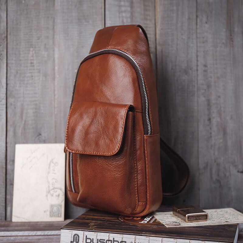 Miesten Aito Nahka Pehmeä Vedenpitävä Rintalaukku Outdoor Sport Retro Suuri Tilavuus Crossbody Laukut Olkalaukku
