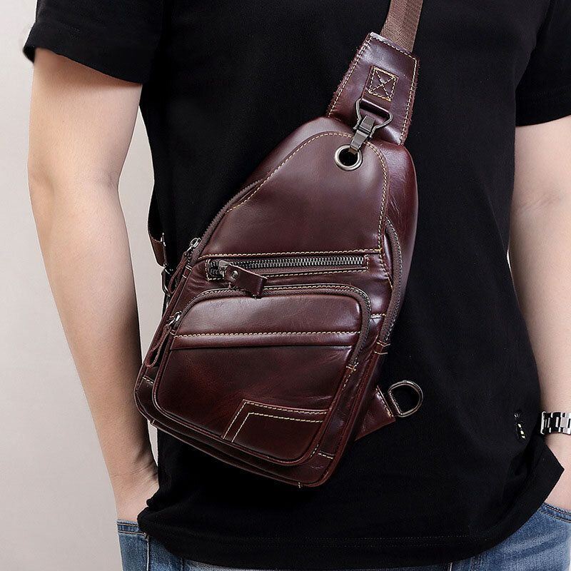 Miesten Aitoa Nahkaa Suuri Tilavuus Ulkokäyttöön Rento Rintalaukku Muunnettavissa Oleva Olkahihna Monitaskuinen Olkalaukku Crossbody-laukku