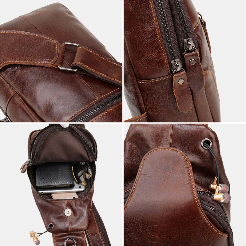 Miesten Ensimmäinen Kerros Lehmännahkainen Retro-monitaskuinen Kuulokeaukkomuotoinen Rintalaukku Crossbody-laukku