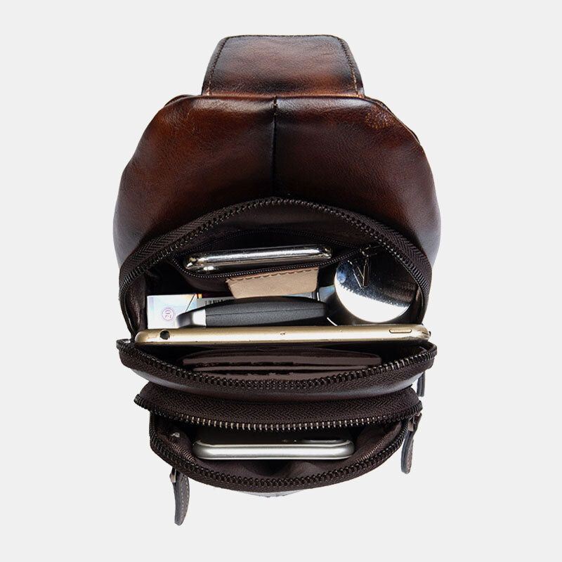 Miesten Ensimmäisen Kerroksen Lehmännahkainen Monitaskuinen Varkaudenesto Rintalaukku Olkalaukut Crossbody Olkalaukut