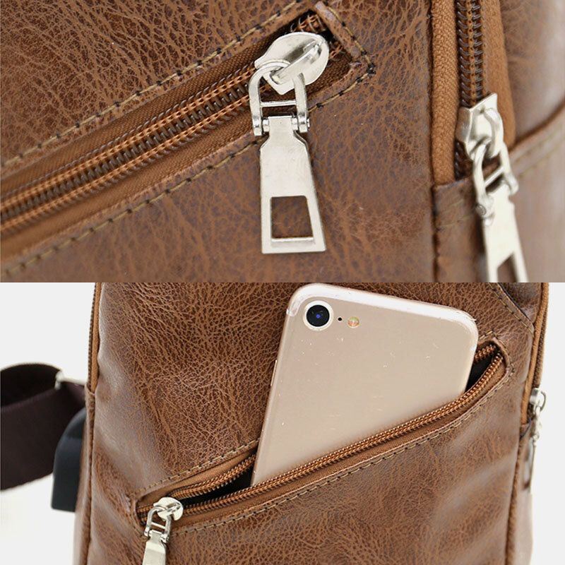 Miesten Keinonahkainen Usb-latauskuuloke Matkailu Retro Business Rintalaukku Crossbody Bag