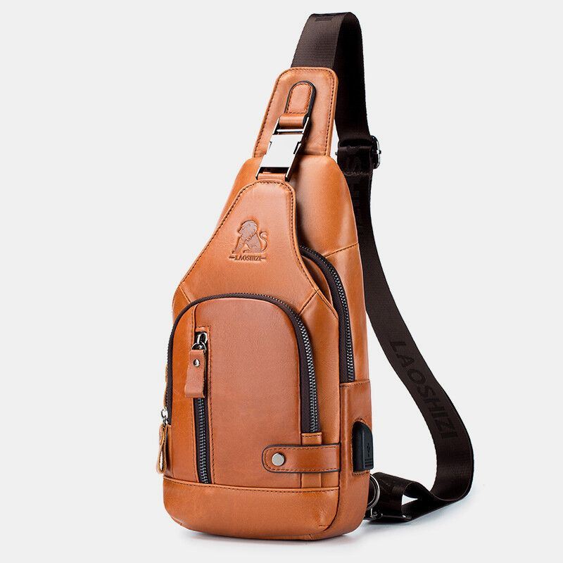 Miesten Lehmännahkainen Monitaskuinen Usb-latausrintalaukku Ulkomatkailu Varkaudenesto Crossbody Olkalaukku