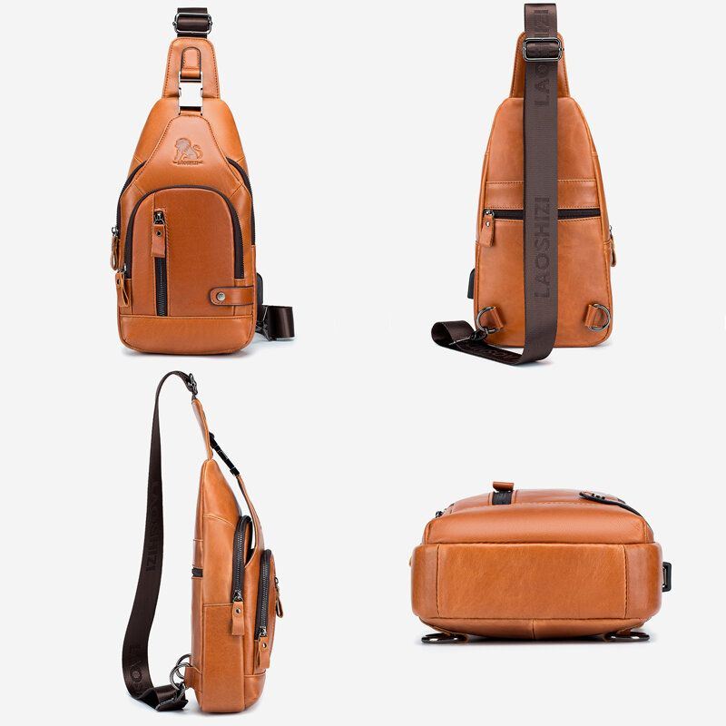 Miesten Lehmännahkainen Monitaskuinen Usb-latausrintalaukku Ulkomatkailu Varkaudenesto Crossbody Olkalaukku