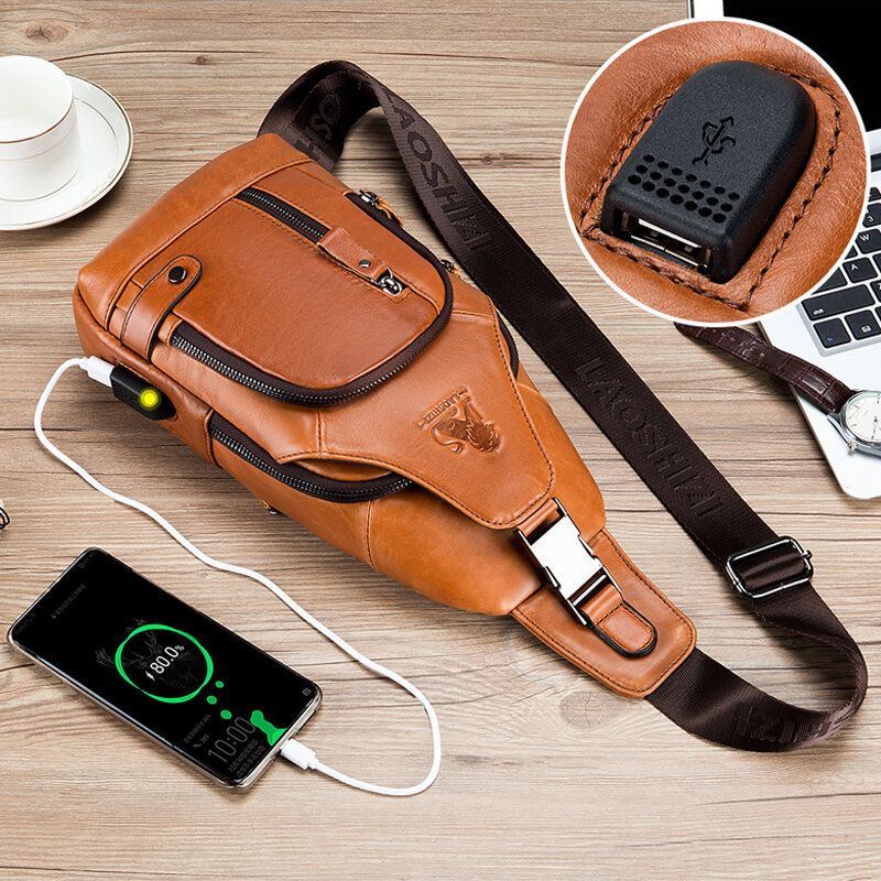 Miesten Lehmännahkainen Monitaskuinen Usb-latausrintalaukku Ulkomatkailu Varkaudenesto Crossbody Olkalaukku
