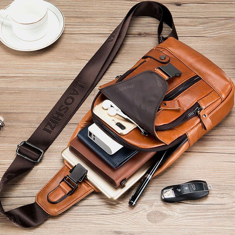 Miesten Lehmännahkainen Monitaskuinen Usb-latausrintalaukku Ulkomatkailu Varkaudenesto Crossbody Olkalaukku